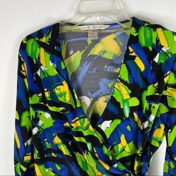 Peter Nygard Blouse Floral Blue Yellow Green V- Neck Stretchy Women's M Petite - Picture 3 of 9